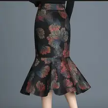 Зимние теплые шерстяные юбки размера плюс 4XL, женская модная винтажная шерстяная юбка-труба с высокой талией и принтом