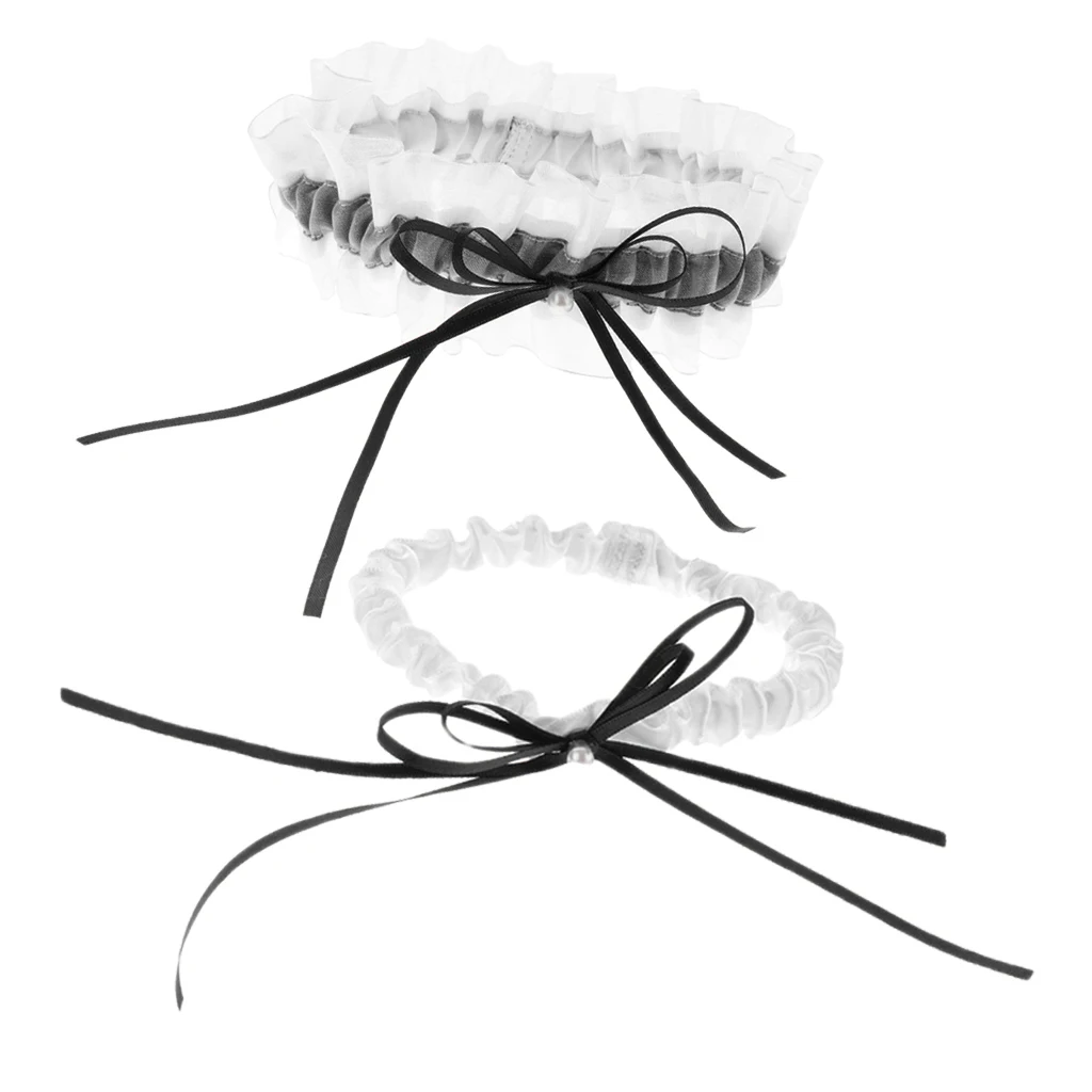 2pcs Elegant Bridal Garter Set Pearls Bow Satin Ribbon Garter Throwaway Toss Keepsake Wedding Accessories