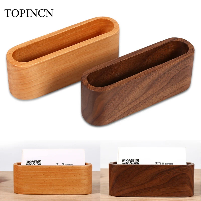 Wooden Business Card Holder Desktop Display Stand Case Storage Box