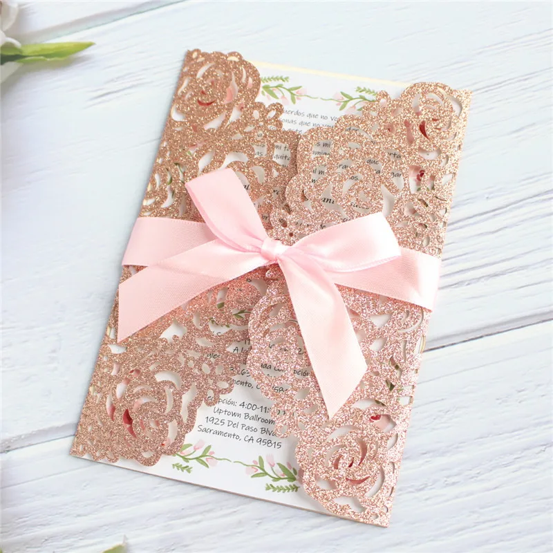 

Rose gold invitations glittery wedding birthday greeting cards lace decorating customizable printing 50pcs