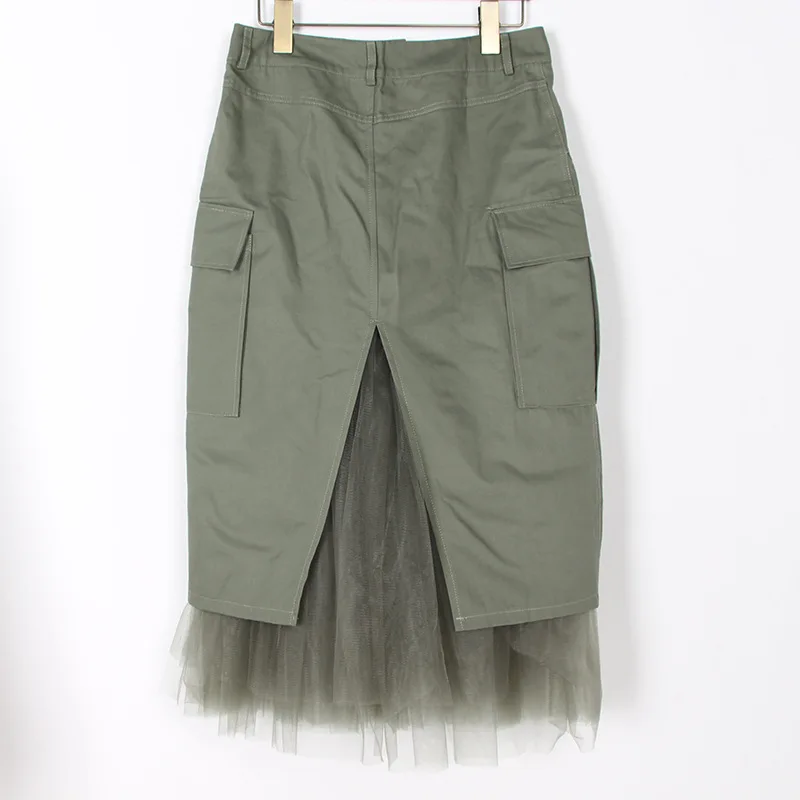 Осенняя армейская зеленая юбка из тюля в стиле пэчворк, Женская юбка с высокой талией, Женская корейская модная одежда, юбки
