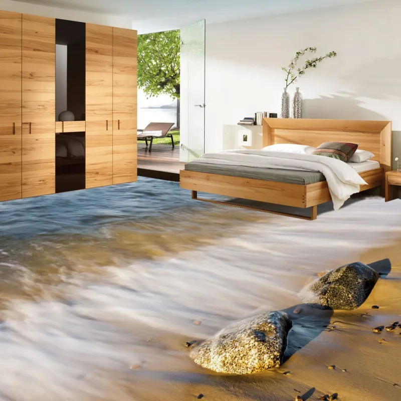 

Free Shipping Beach stone sea waves 3d bathroom floor thickened waterproof bedroom living room flooring wallpaper mural