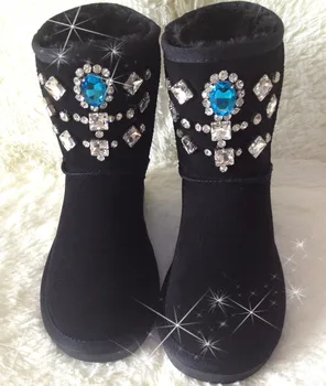 

European Station Sew White Black Rabbit Hair Rhinestone Snow Boots Platform Shoes Boots Gemstone Winter Shoes Thick crust