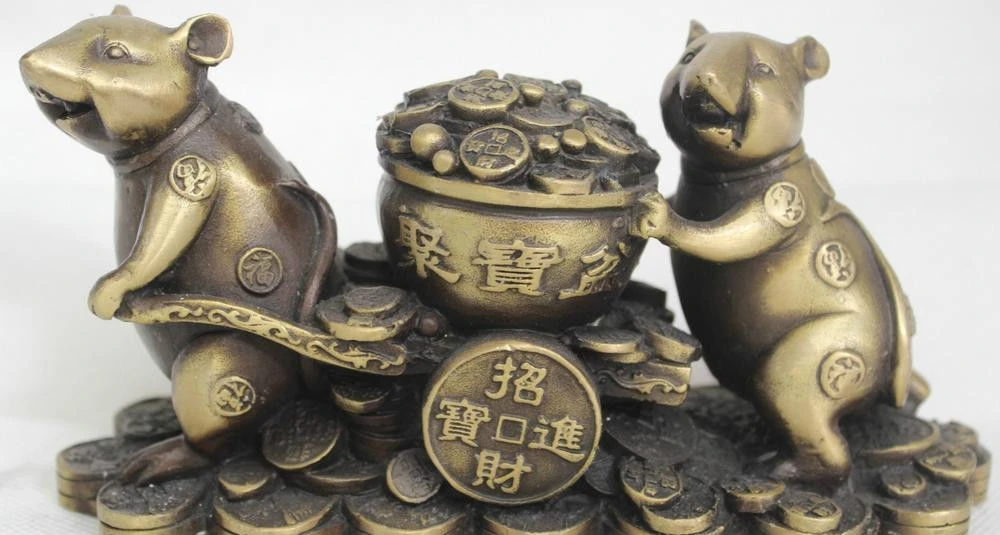 

4"Chinese Bronze Zodiac Year Mouse Two mouse pull Monay Treasure bowl Statue