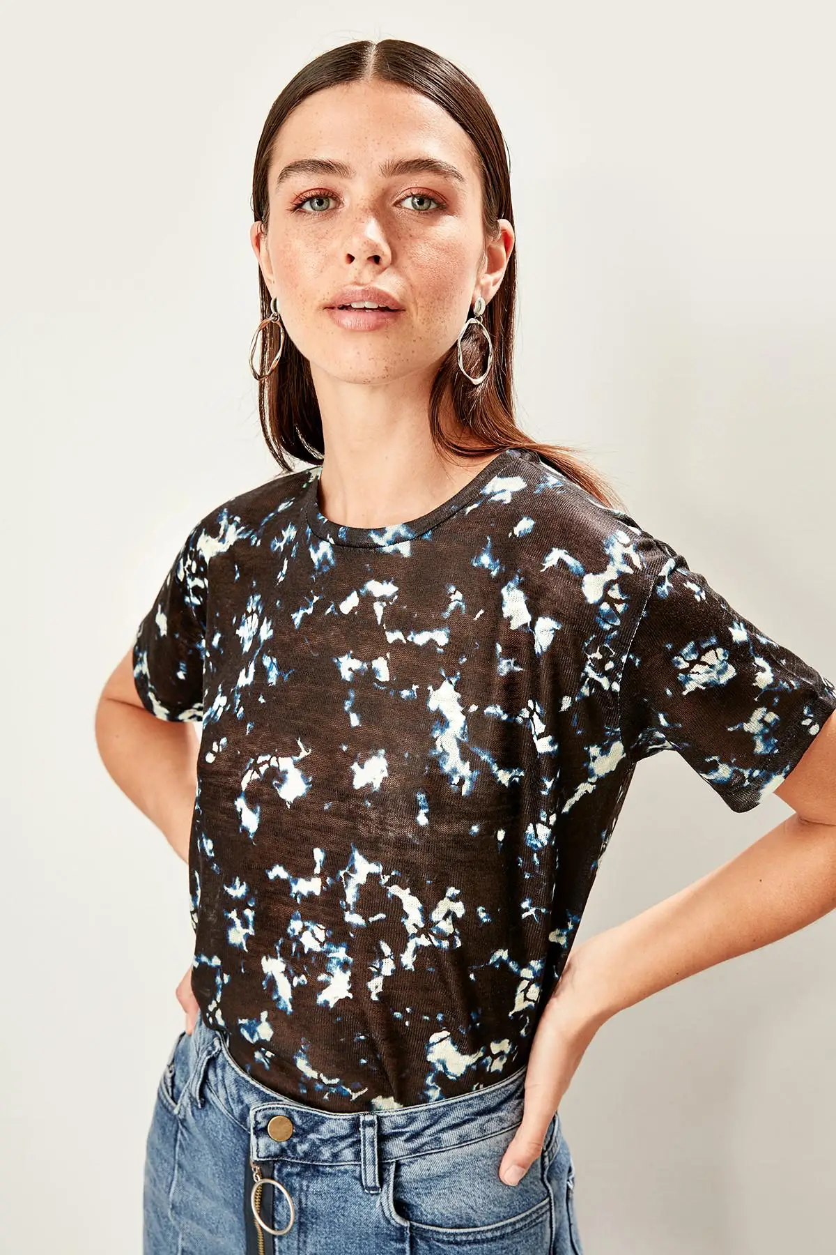 Trendyol темно синие льняные Базовые Трикотажные футболки TWOSS19FV0219|Футболки| |