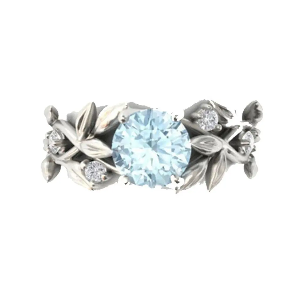 

Olive Leaves Engagement Ring Rhine Stone Inlaid Blue Zircon Ring Party Wedding Bridal Jewelry Europe And America Style