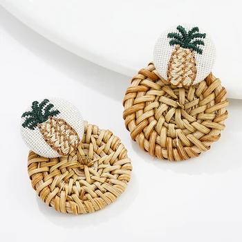 

AENSOA Fashion Fruit Embroidery Pineapple Drop Earrings Women Boho Wooden Straw Weave Rattan Vine Braid Pendant Earrings Jewelry