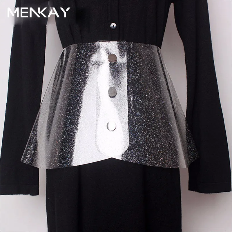 

[MENKAY] PVC Belt For Women High Waist Single Breasted Transparent A Line Cummerbund Female Summer Belts Accessories 2018