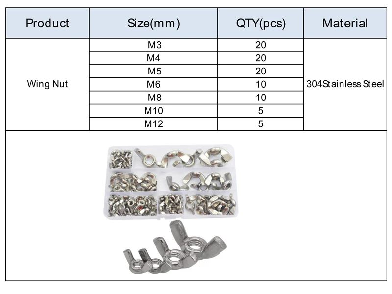 304 нержавеющая сталь Бабочка метрические резьбовые крыла гайки набор Ассортимент Комплект Коробка M3 M4 m5 m6 m8 m10 m12
