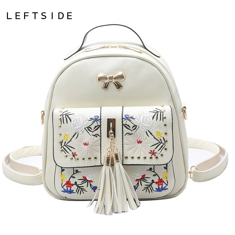 

LEFTSIDE Designer 2017 Embroidered Teen Backpack Purse PU Leather Women Backpacks Teenage Girl Backpacks Korean Style women's