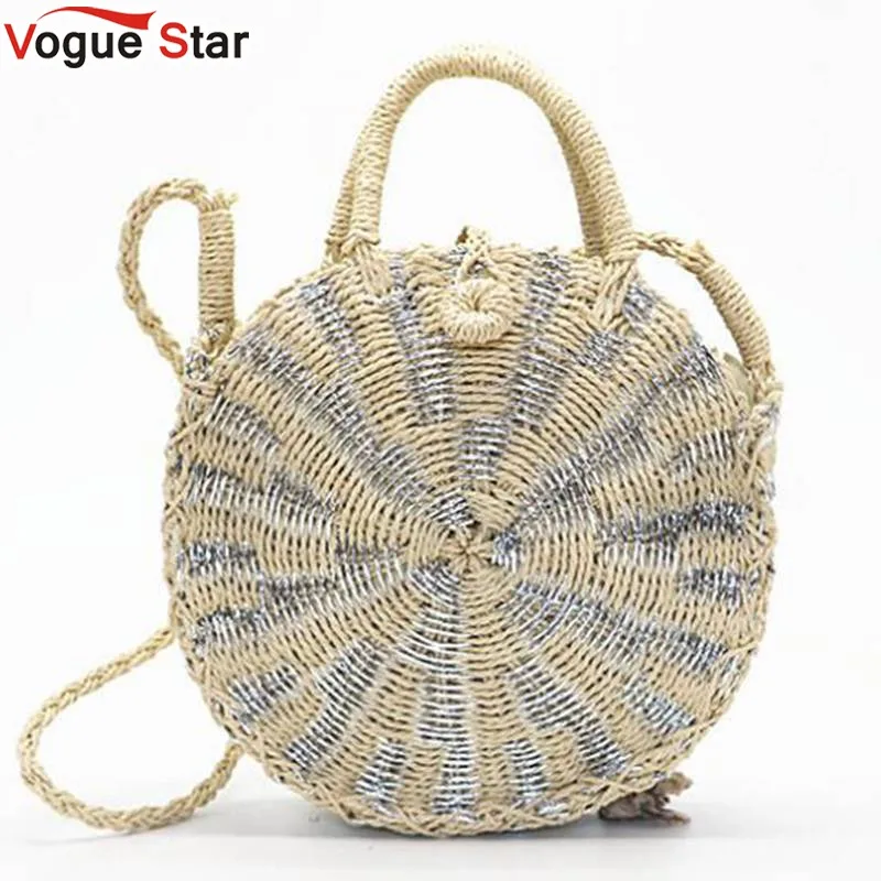 

2019 Lady Fresh Handbag Vintage Handmade Rattan Woven Round Handbag Straw Bag Knitted Messenger Bags For Women L35