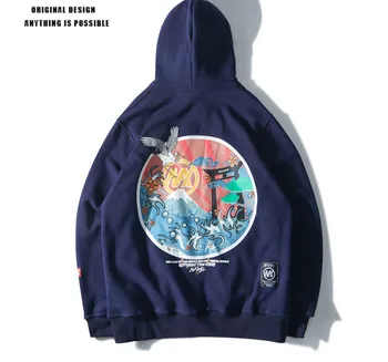 

Japanese Ins Couples New Sweatshirt Crane Embroidered Men's Hooded Loose Plus Velvet Sweatshirts Pullover Top