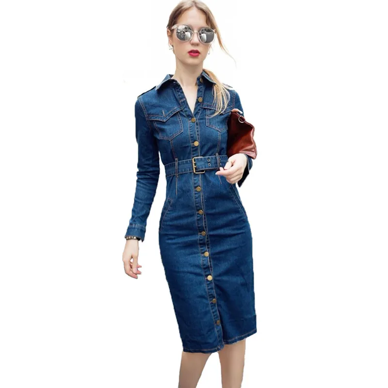 

2019OL Sexy Denim Dress Plus Size Long Sleeve Jeans Dress Women