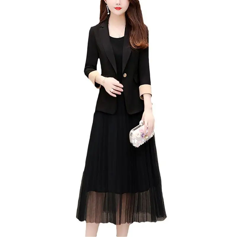 

Women Suit And Dress 2pcs Set Female Slim Blazer Jackets+High Waist Mesh Stitching Dress Casual Cloth Suits Plus Size 4XL J134