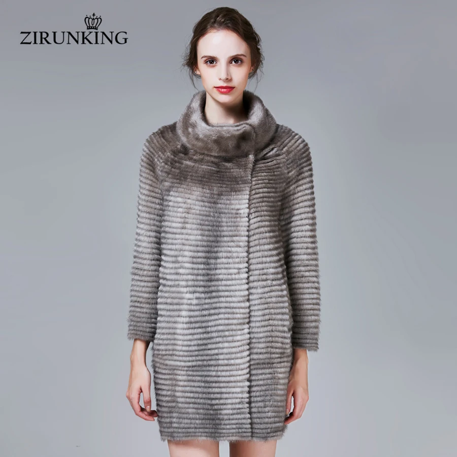 

ZIRUNKING Women Fashion Real Mink Fur Coat Woman Winter Plus Size Mink Fur Stripes Shuba Outerwear Female Overcoat ZC1709