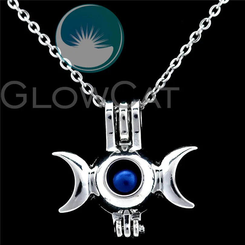 

K917 Amulet Triple Moon Goddess Beads Cage Perfume Diffuser Stone Pearl Cage Locket Necklace Pendants for Oyster