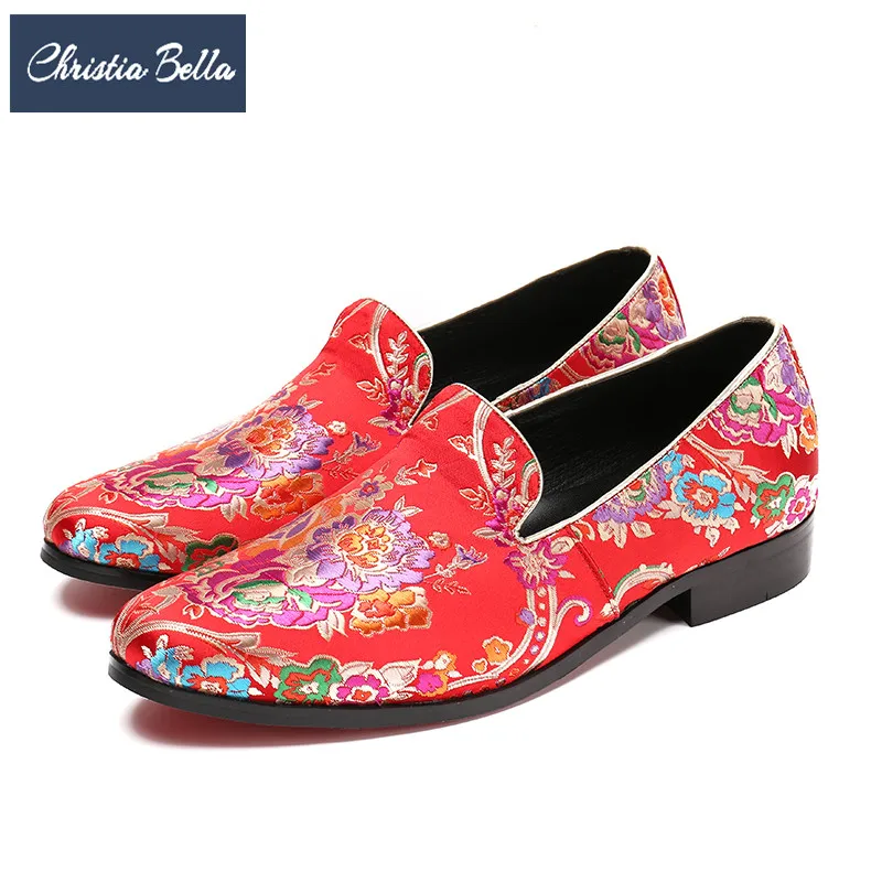 Christia Bella Vintage Flowers Embroidery Men Loafers Red Bottom Men