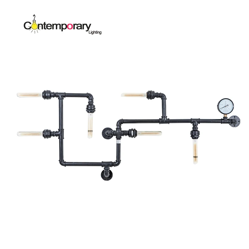 

6 Lights Loft Vintage Art Black Large Industrial Pipework applique industrielle pipe wall lamp E27 Edison Bulb,Black/Brown