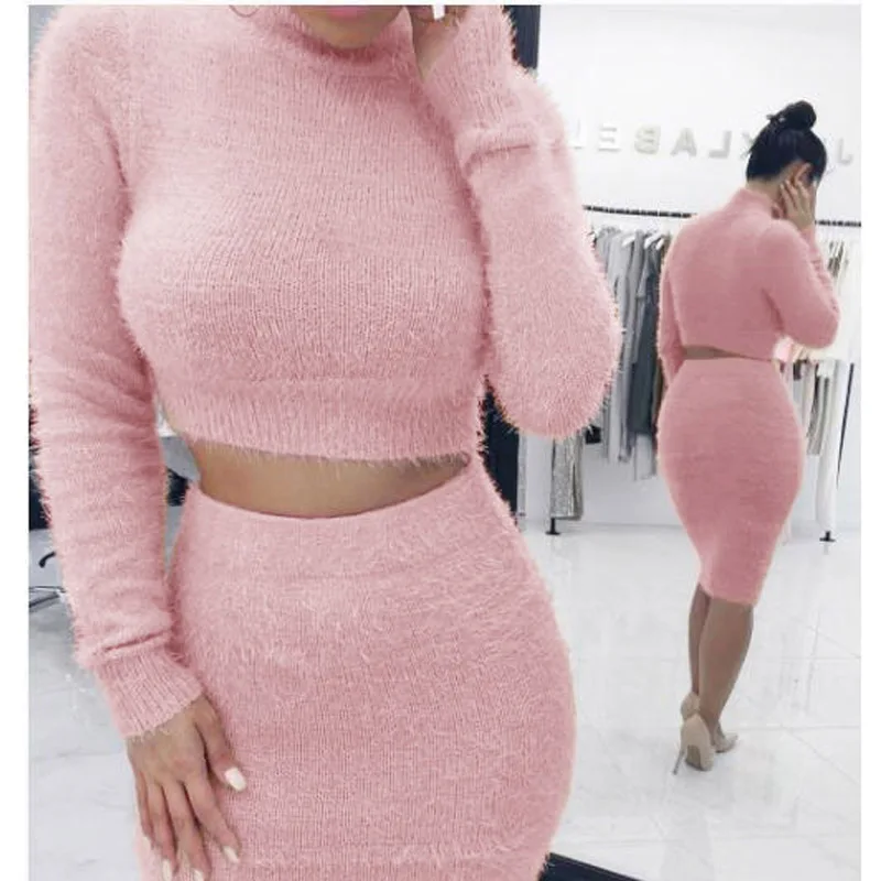 Conjunto de dos piezas para mujer, suéter + Falda de tubo, traje de manga larga, Crop Tops de lana, falda Bodycon, conjunto de 2 piezas, chándal de punto para mujer|Conjuntos de mujer| - AliExpress