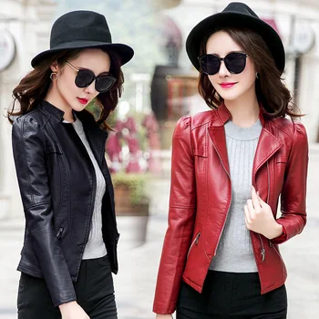 

high quality new spring women leather jacket black plus size fashion design women PU jacket coat pink red motor short jackets
