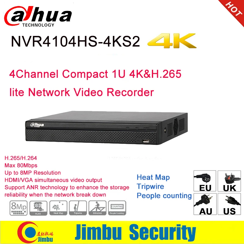 

Dahua NVR 4K Video recorder 4CH NVR4104HS-4KS2 1080P P2P H.265 up to 8MP Resolution Max 80Mbps Incoming Bandwidth