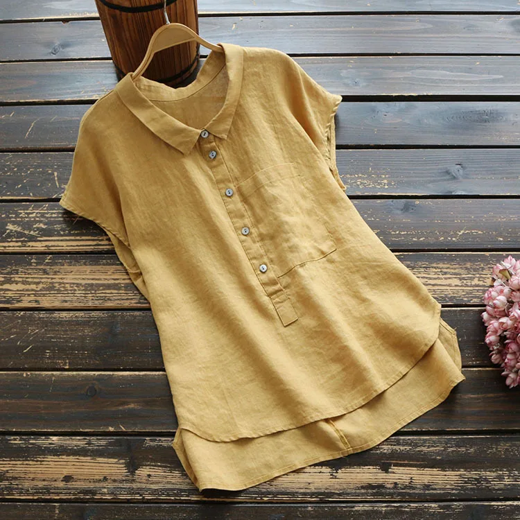 6441 Новая Летняя женская блузка из хлопка и льна, Однотонная рубашка с отложным воротником и коротким рукавом, Повседневный пуловер для