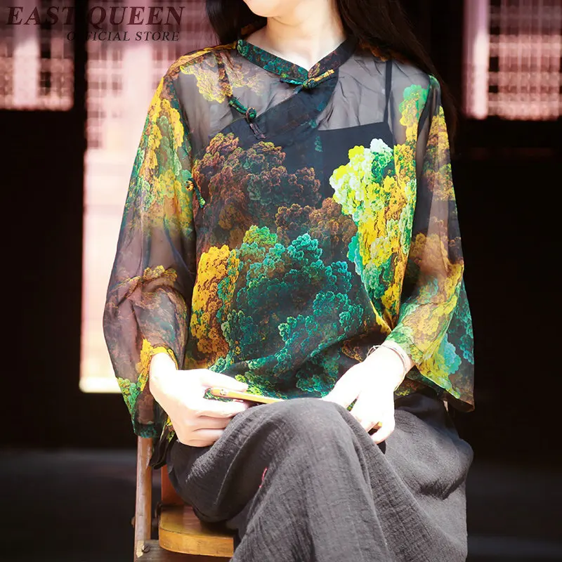 

2018 new arrival floral print cheongsam top Chinese traditional women linen clothing top vintage dress 50s qipao blouse KK284 Q