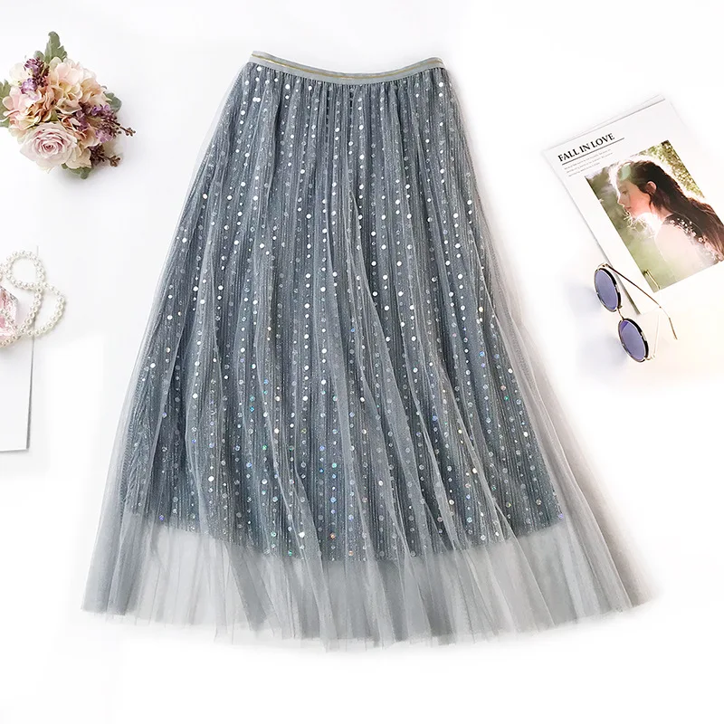 

2019 Spring New Arrival Korean Style Fairy Long Skirts For Women Shining Sequins Tulle Skirt 4 Colors Available Free Shipping