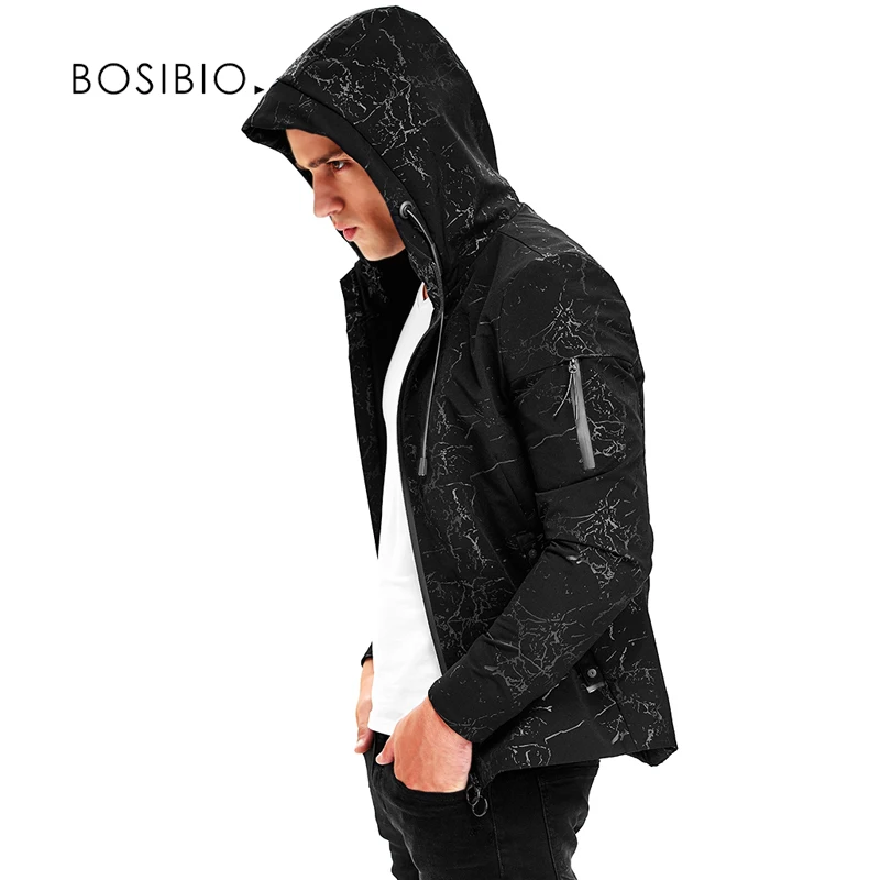 

BOSIBIO Spring Autumn Mens Jackets And Coats Hooded Windbreaker Slim Fit Black Printed Fashion Male Casual Jacket 9202