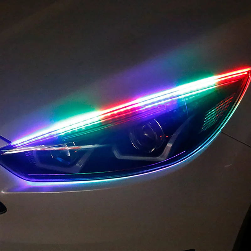 12 В Автомобильный светодиодный DRL дневные ходовые огни RGB Светодиодные полосы лампы фары плавный поворот желтый сигнал гибкий универсальный для автомобилей - Цвет: Variable colorful