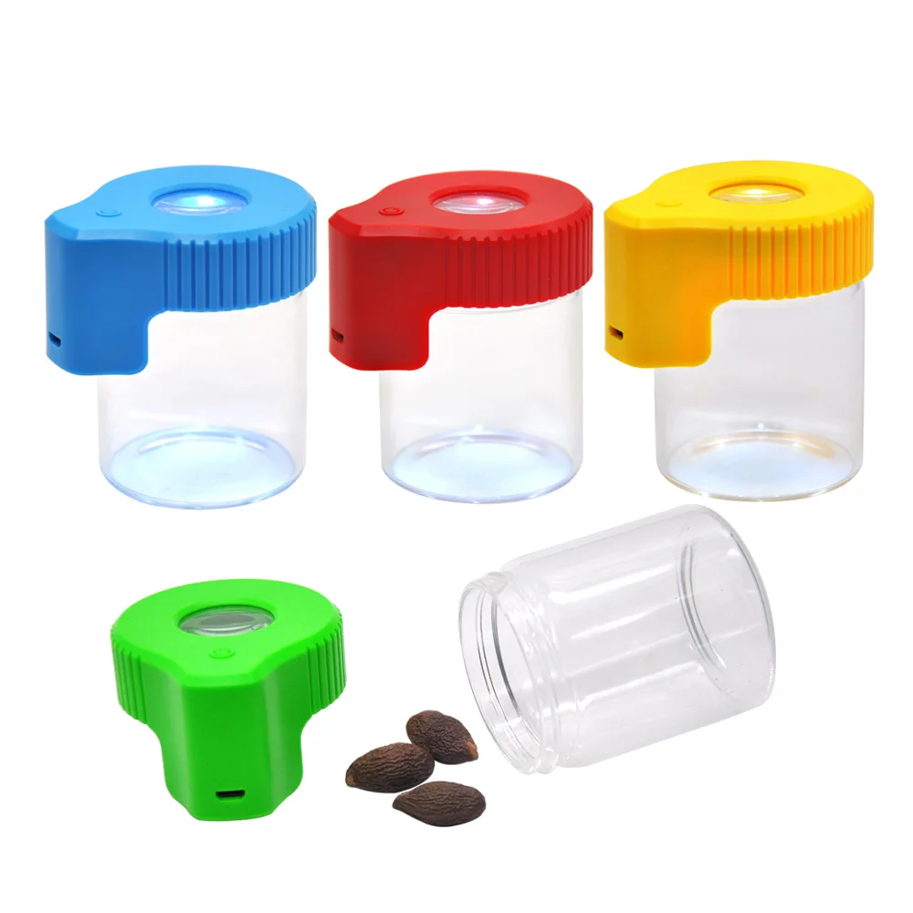 

HONEYPUFF Plastic&GlassLight-Up LED Air Tight Storage Magnifying Jar Viewing Container 155ML Vacuum Seal Plastic Pill Box Case