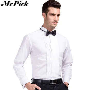 

Solid Tie Men French Cuff Button Shirt 2016 New Formal Luxury Slim Long Sleeve Brand Business Wedding Dress Fashion Shirts E1335