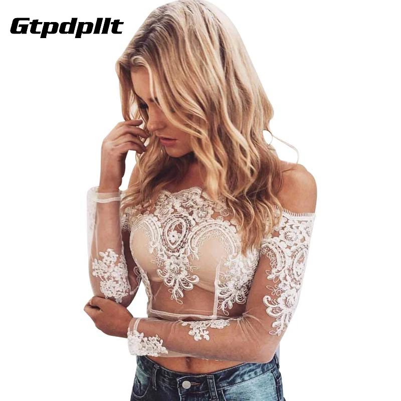 Ceny Gtpdpllt 2018 Off Ramię Crop Topy Sexy Haft Sheer Mesh Bluzka Z Długim Rękawem Przejrzyste Elegancki Night Party Lace Topy