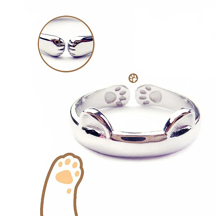 

QIMING Silver Lovely Jewelry Cat Ring For Girls Women Jewelry Finger Ring For Party Birthday Gift Cats Foot Pattern Rings