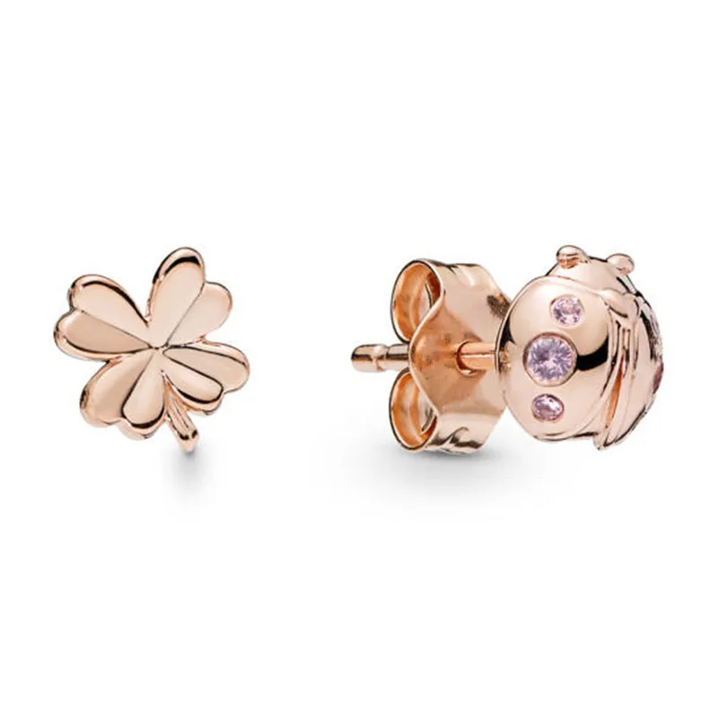 

2019 New 925 Sterling Silver Earrings For Women Pandora Rose Four Leaf Clover And Ladybird Earring Studs Jewelry Birthday Gift