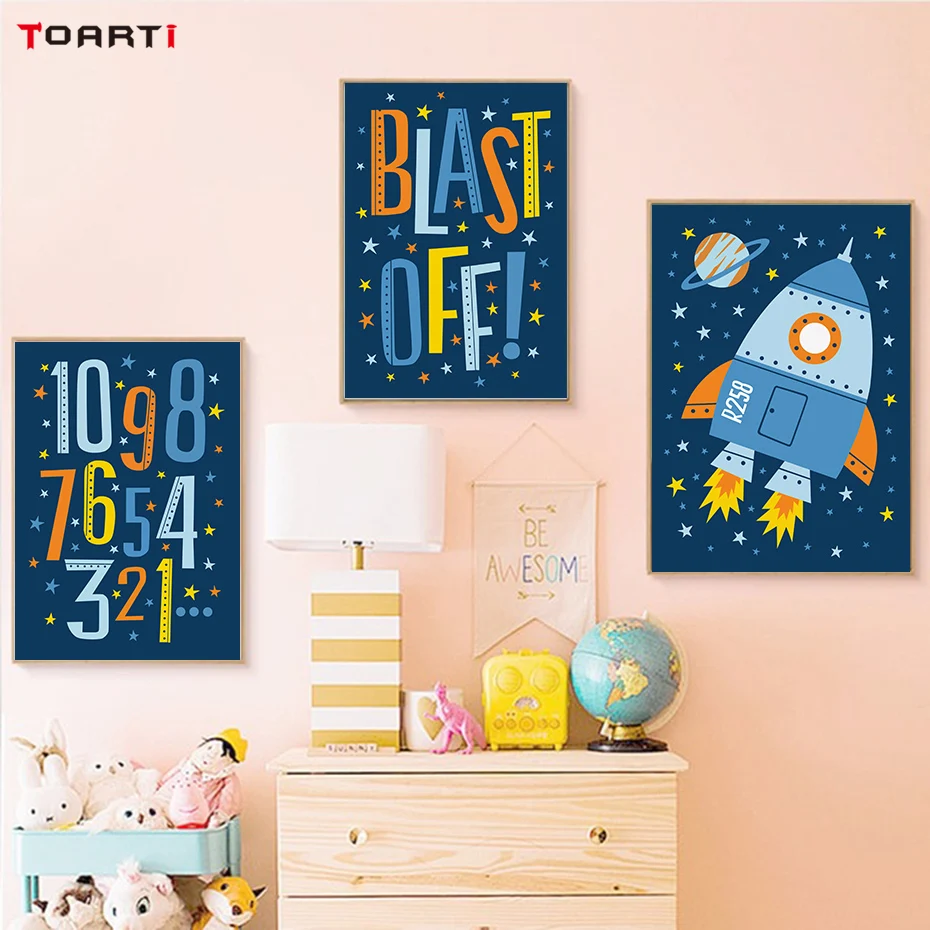 Cartoon Boy's Space Rocket A4 Canvas Art Painting (3)