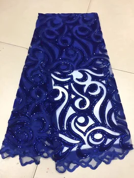 

Royal Blue African Lace Fabric 2018 Embroidered Nigerian Velvet Laces Fabric High Quality French Tulle Lace Fabric For Women