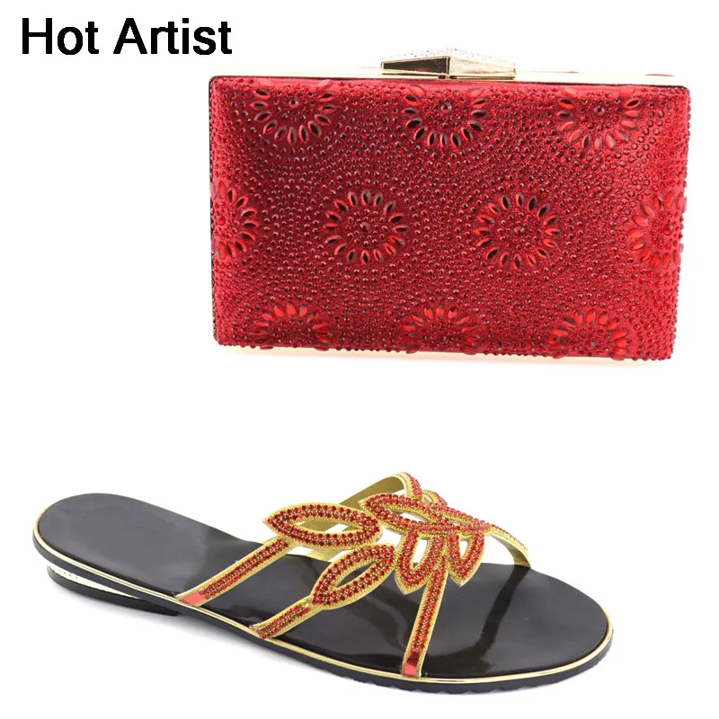 

Hot Artist New Africa Woman Red Color Shoes And Bag Set Fashion Summer Low Heel Shoes And Matching Bag Set For Party YK-06