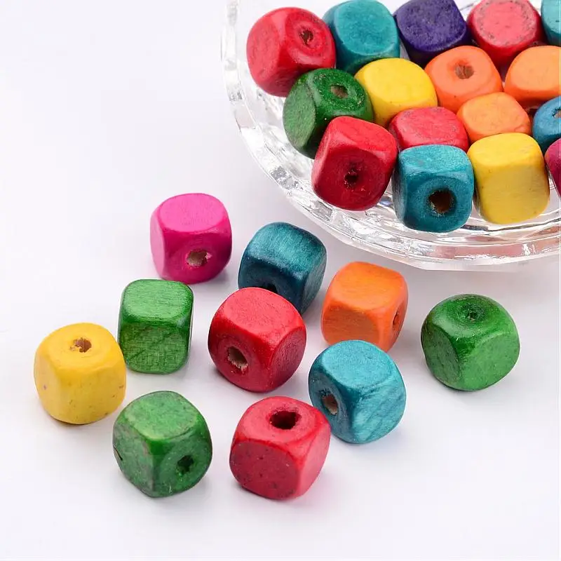

Jewelry Beads 100PCS Mixed Color Lead Free Cube Wood Beads, Dyed, 10mm, hole: about 3.5mm