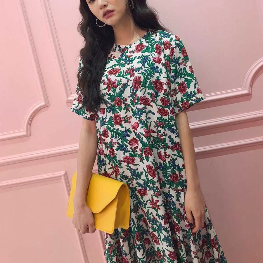 

RUGOD 2019 Floral print women dress short sleeves o neck ankle-length loose vintage bohimian style modis spring vestido verano