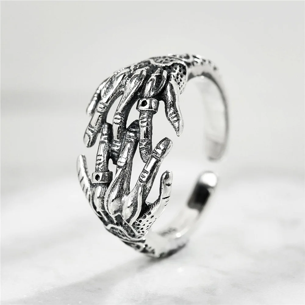 Skeleton palm open unisex ring 100% Sterling 925 silver Jewelry Vintage Adjustable rings gift