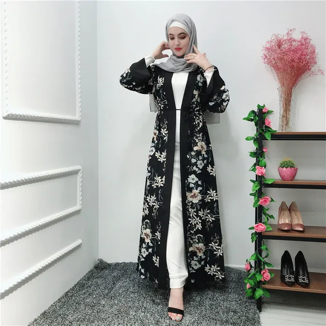 Long Muslim Cardigan Women Kimono Femme Turkey Islamic Clothing Floral Print Abaya Summer Kaftan Dress Robe Dubai Arab Outwear