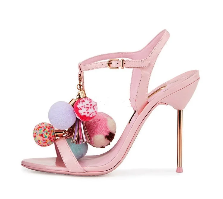 

Sweety Sandals Plush Ball Decor Metal Blade Shoes Chain Colorful Ball 2019 New Arrivals Celebrity Dress Party Feminine Shoe