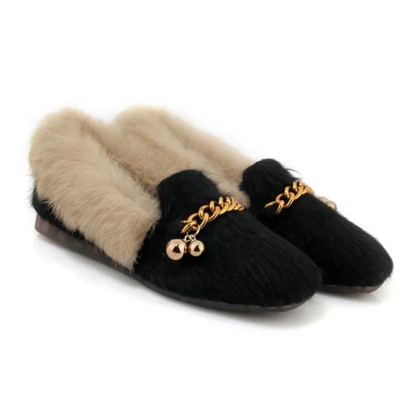 Fourrure Slip La Nouveau Chaussures Mode Carré Troupeau Ballerines 2018 kaki Mocassins À Taille marron Cosmagic Chaînes Femmes L'intérieur Métal Plus Noir Casual Bateau Sur Bout Pdw7qUzx