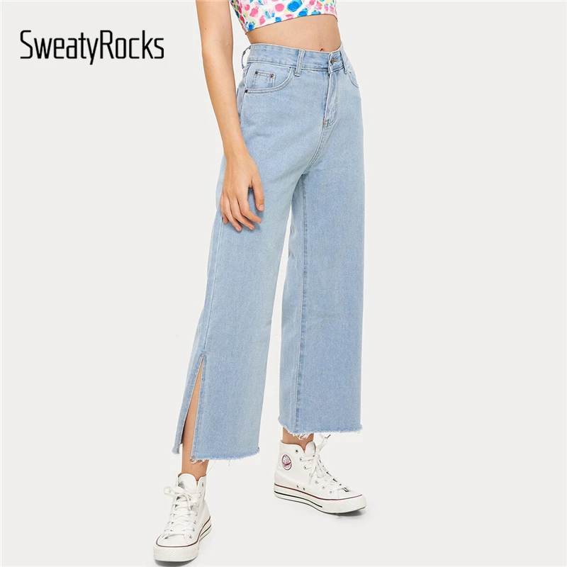 

SweatyRocks Solid Split Wide Leg Jeans Woman Loose Trousers 2019 Button Fly Mid Waist Crop Pants Female Blue Women Jeans