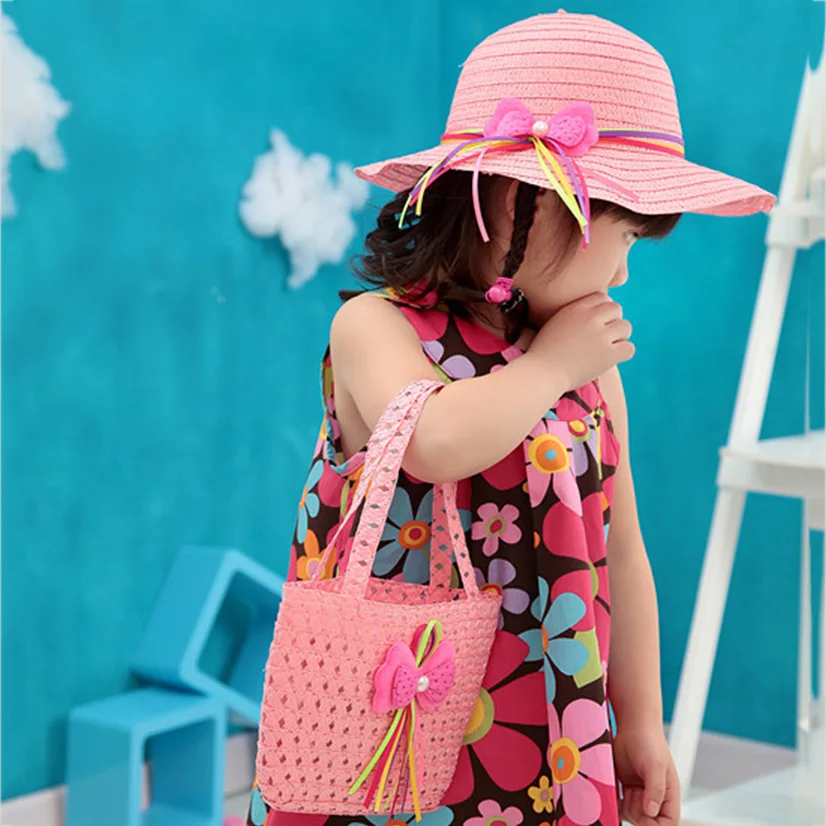 

Princess Summer Beach Playing Straw Hat and Bags Set Handmade Kids Girls Top Panama Hat Fashion