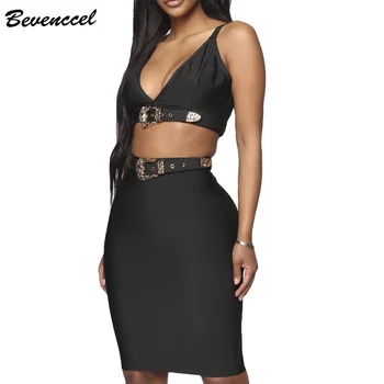 

Bevenccel 2020 Women Dress Elegant V Neck Straps Bodycon Two Piece Set Bandage Dress Sexy Evening Party Dress Vestidos with Belt