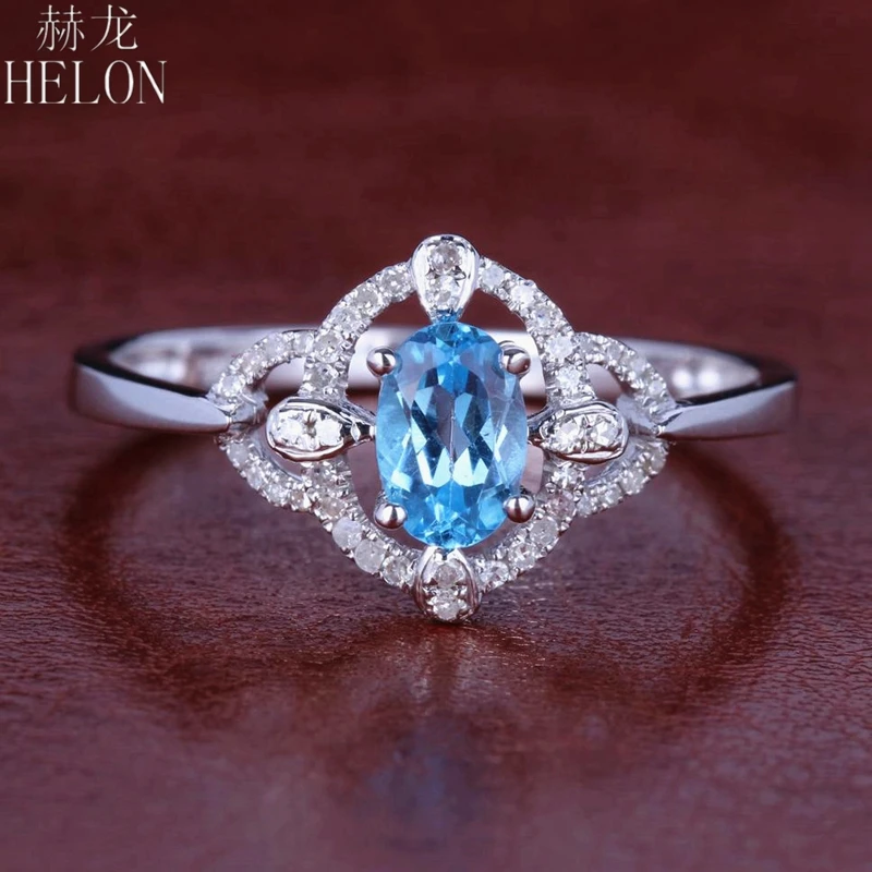 HELON Solid 10K White Gold Engagement Pave Genuine Natural Diamond Blue Topaz Oval Cut 4x6mm Wedding