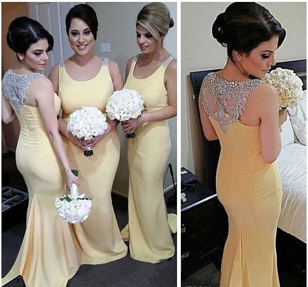 2017 Yellow Bridal Mermaid Bridesmaid Dresses Long Scoop Neck Beaded 2017 Yellow Bridal Mermaid Bridesmaid Dresses Long Scoop Neck Beaded Back Country Wedding Guest Dress Sweep