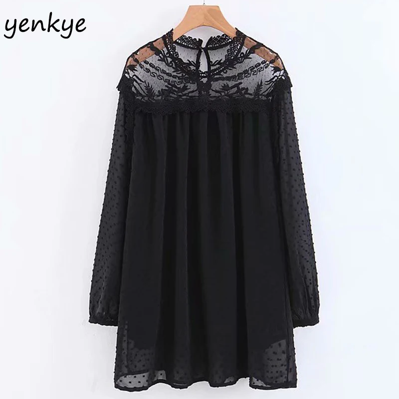 

Spring 2019 Women Vintage Black Dotted Voile Dress Semi-sheer Lace Shoulder Long Sleeve Casual Mini Dress Sexy robe femme